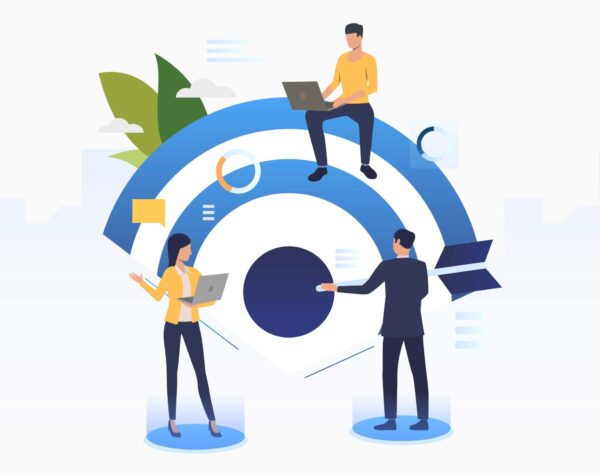 Business people working and setting company target. Planning, management, strategy concept. Vector illustration can be used for topics like business, finance, targeting
