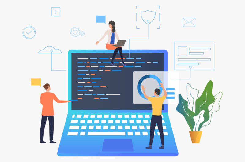 Business people working over laptop development vector illustration. Web development, interface, coding. Computer concept. Design for website templates, posters, banners